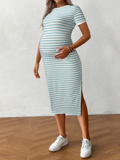 Casual Maternity Dress with Stripes and Split