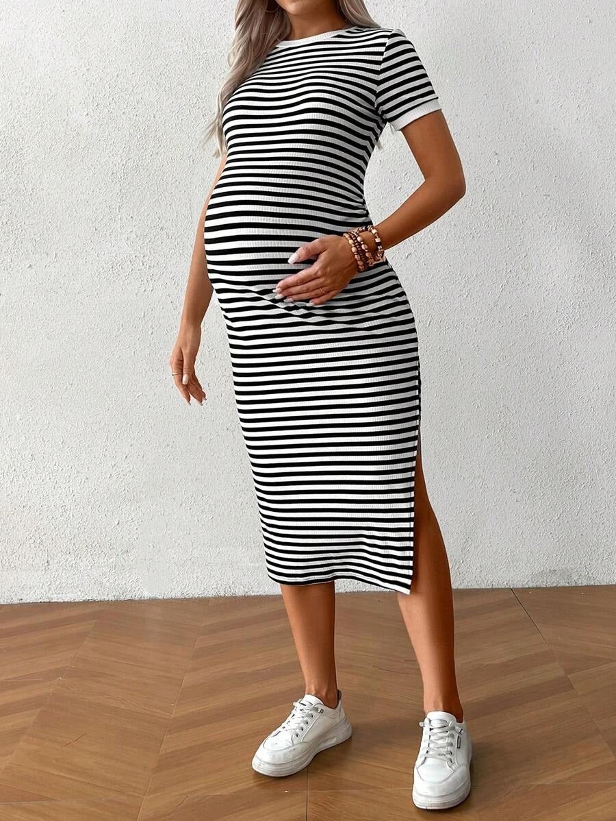 Casual Maternity Dress with Stripes and Split