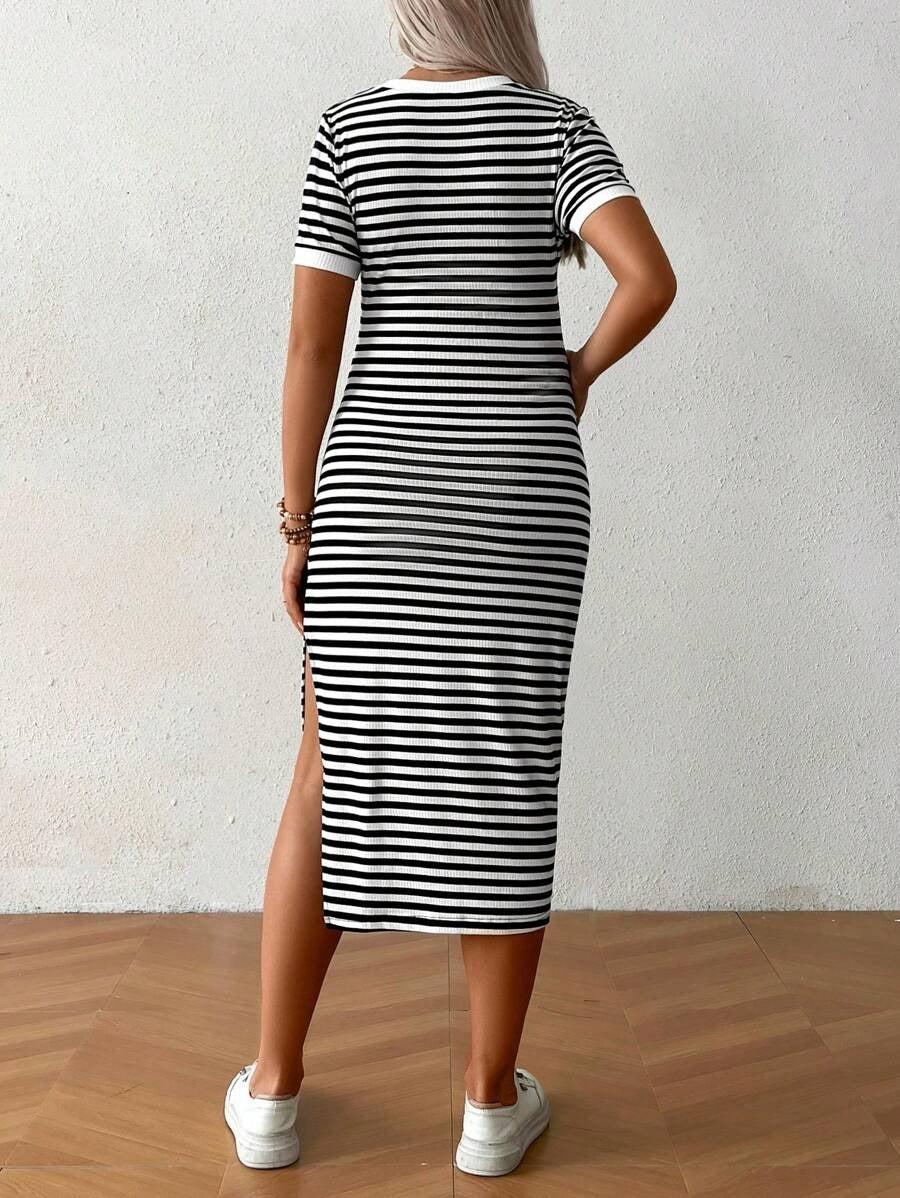 Casual Maternity Dress with Stripes and Split