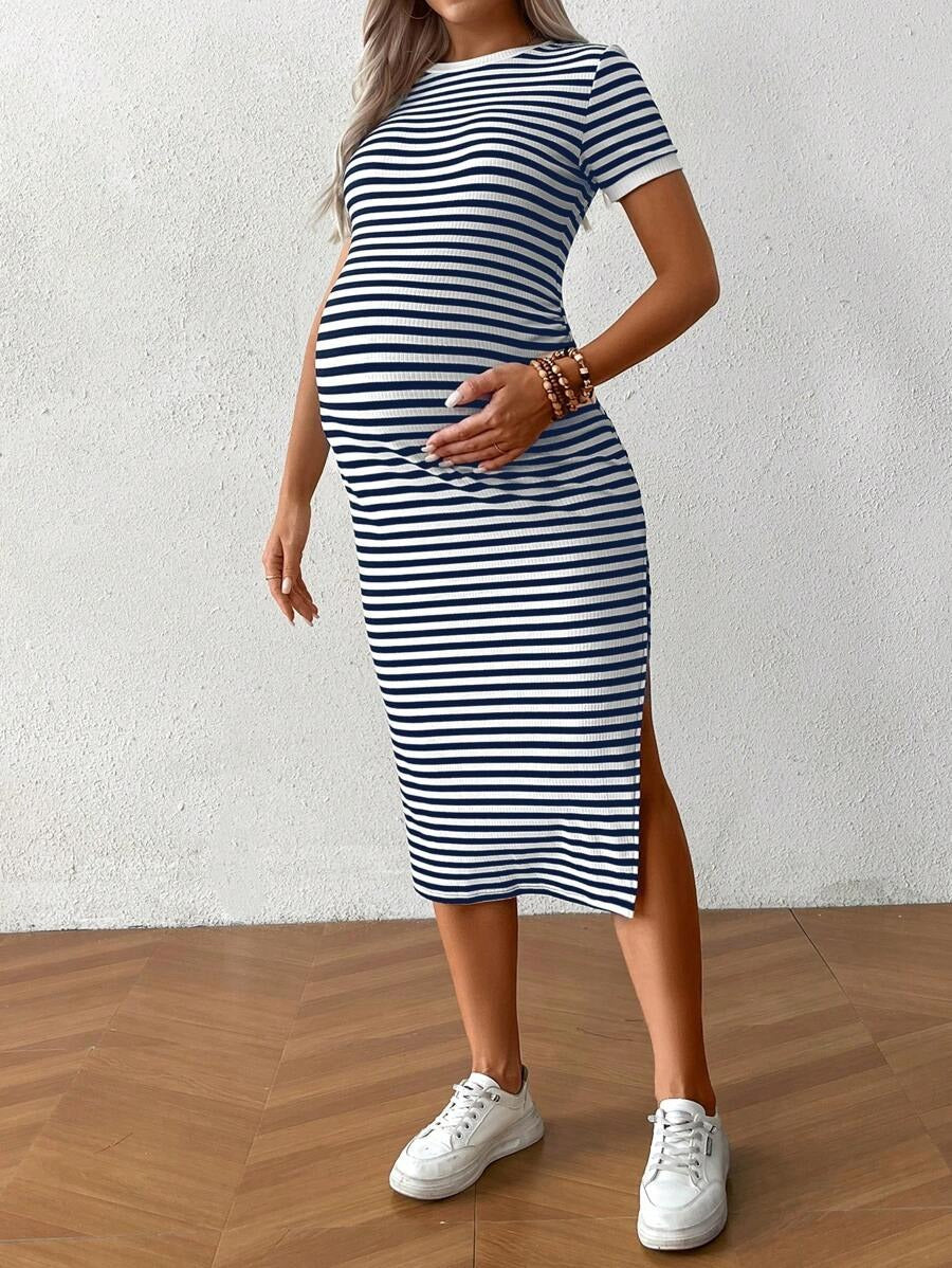 Casual Maternity Dress with Stripes and Split
