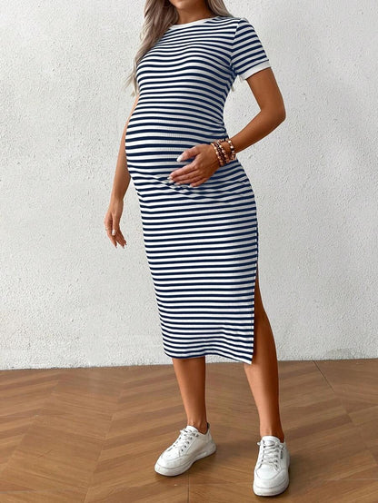 Casual Maternity Dress with Stripes and Split