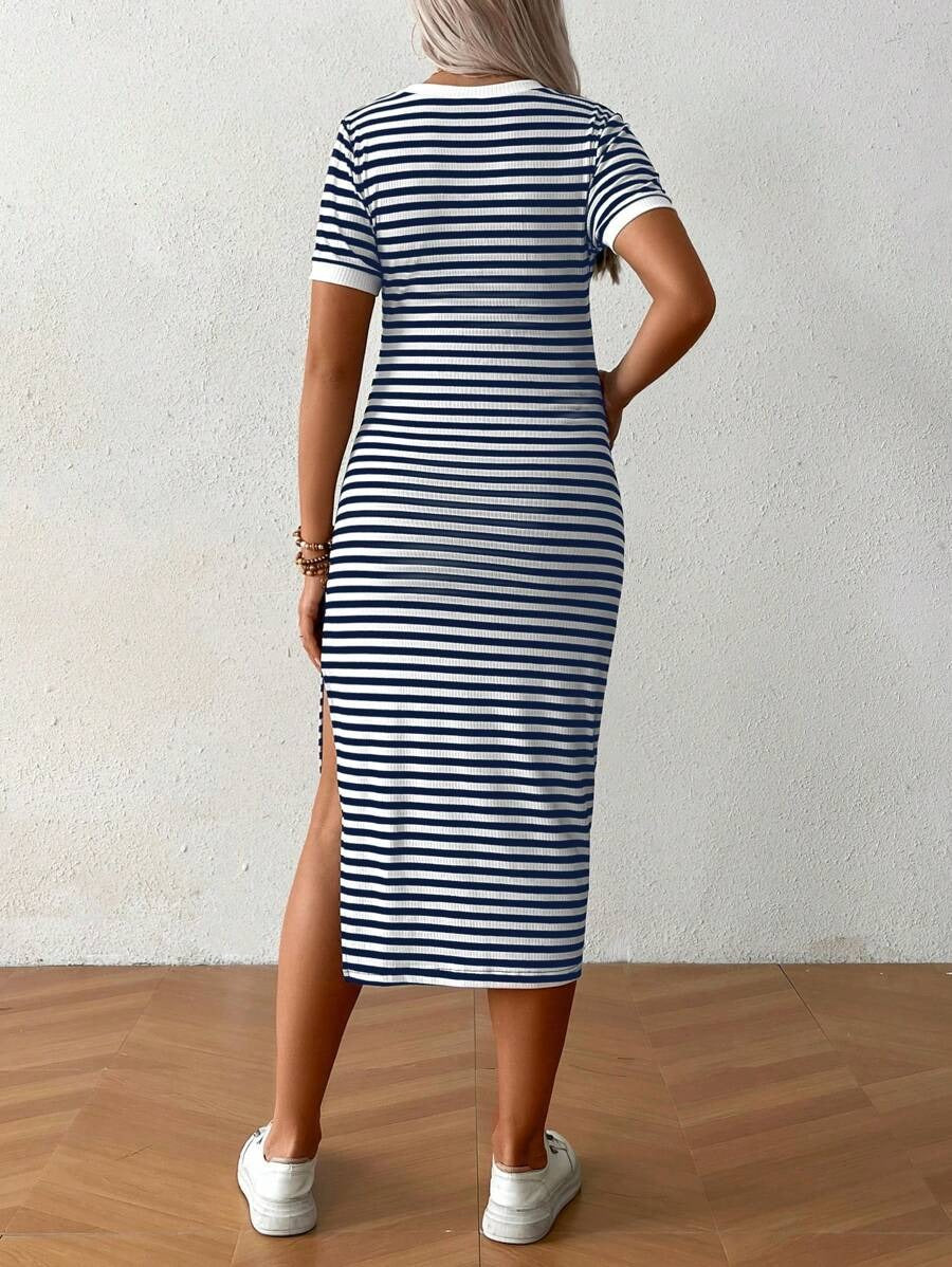 Casual Maternity Dress with Stripes and Split