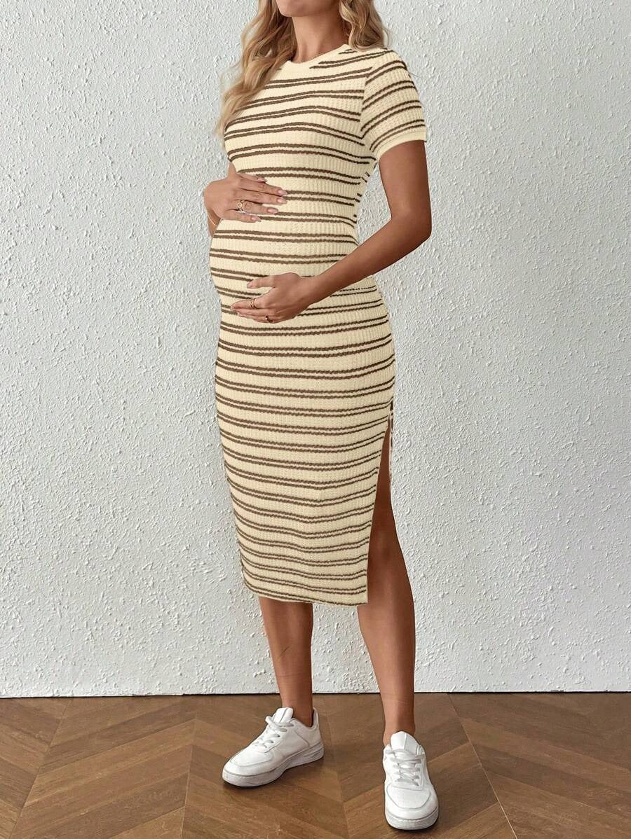 Casual Maternity Dress with Stripes and Split