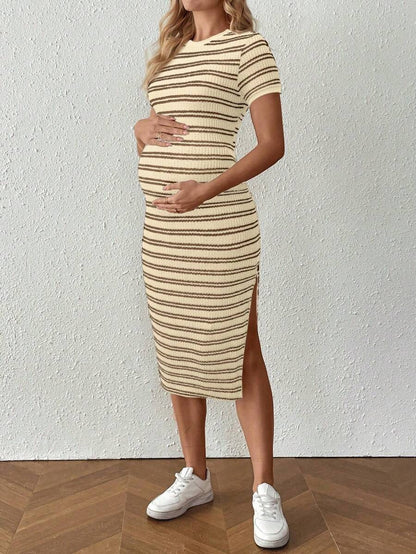 Casual Maternity Dress with Stripes and Split