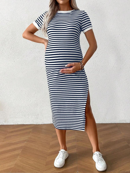Casual Maternity Dress with Stripes and Split