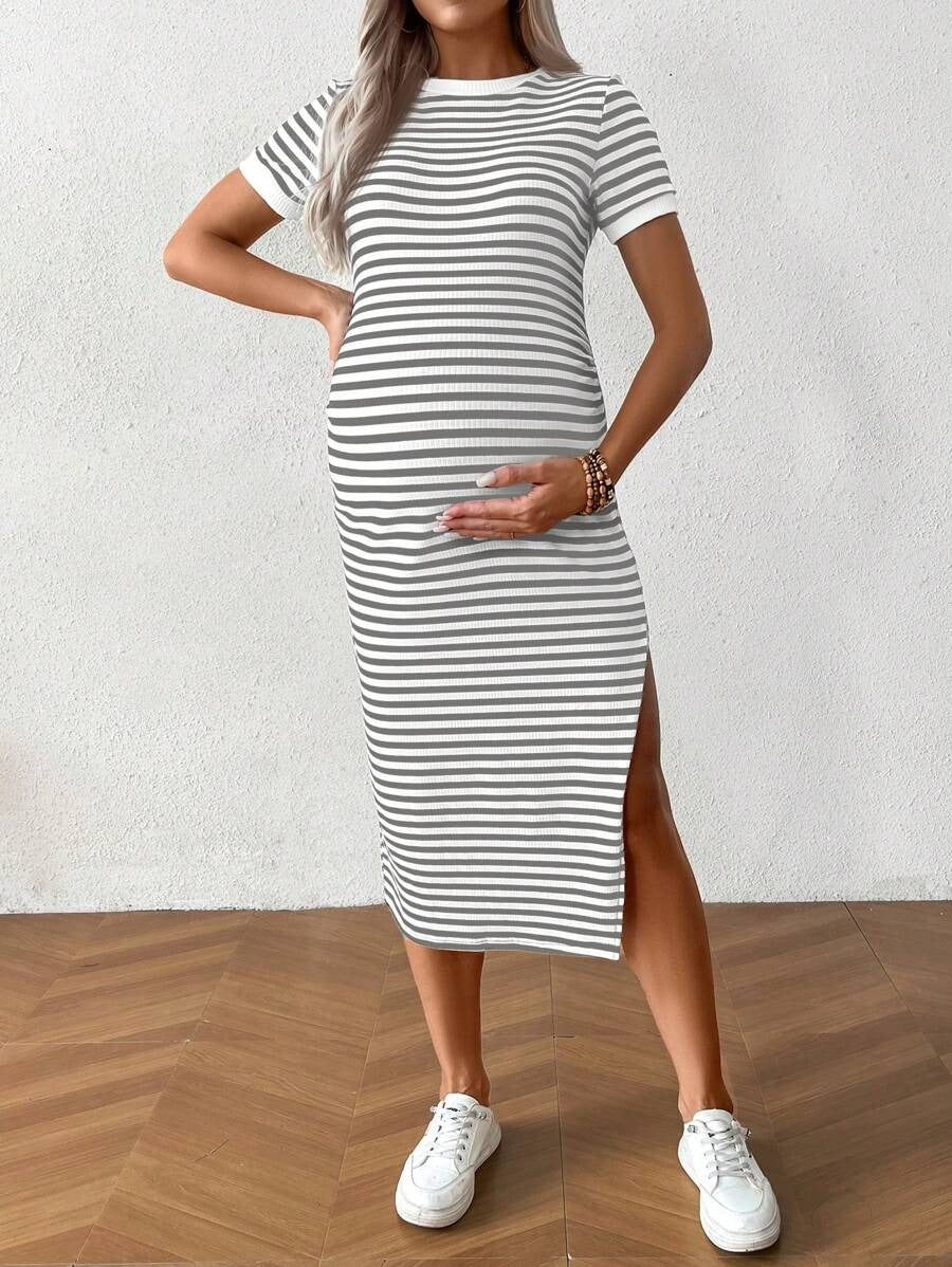 Casual Maternity Dress with Stripes and Split