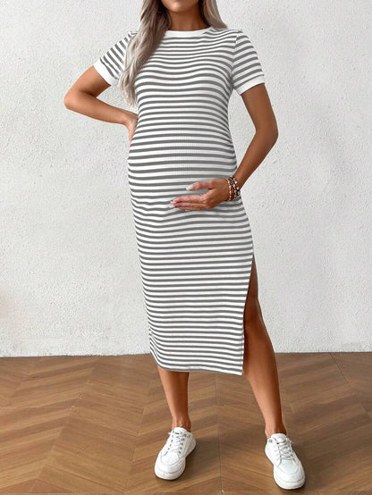Casual Maternity Dress with Stripes and Split