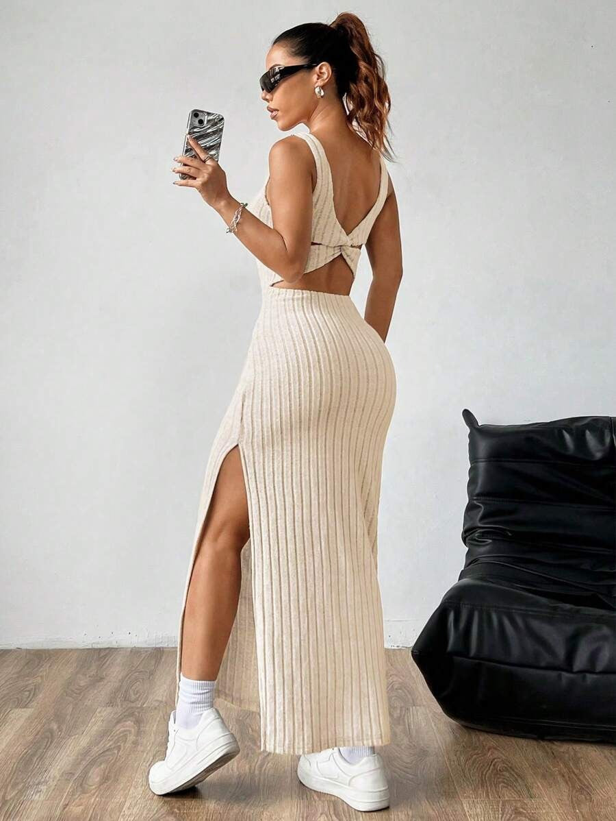 Casual Maxi Dress with Square Neckline and Split
