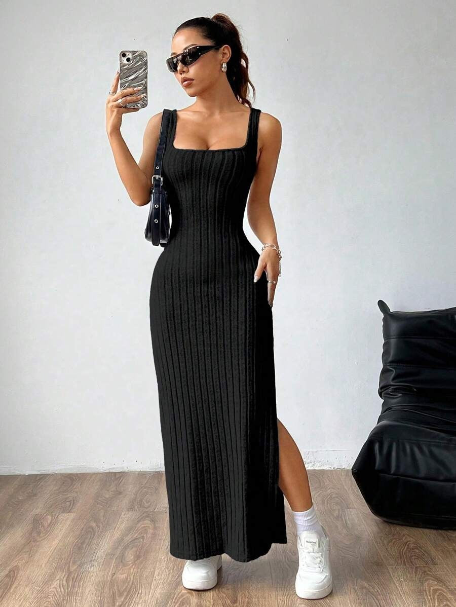 Casual Maxi Dress with Square Neckline and Split
