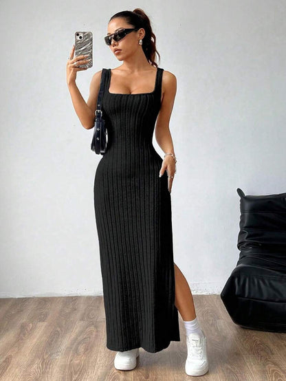 Casual Maxi Dress with Square Neckline and Split