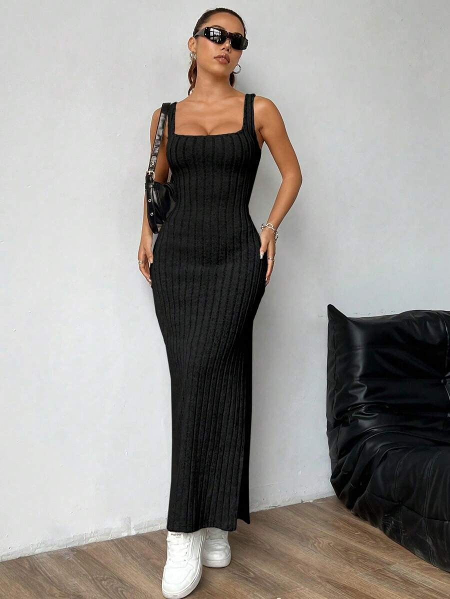 Casual Maxi Dress with Square Neckline and Split