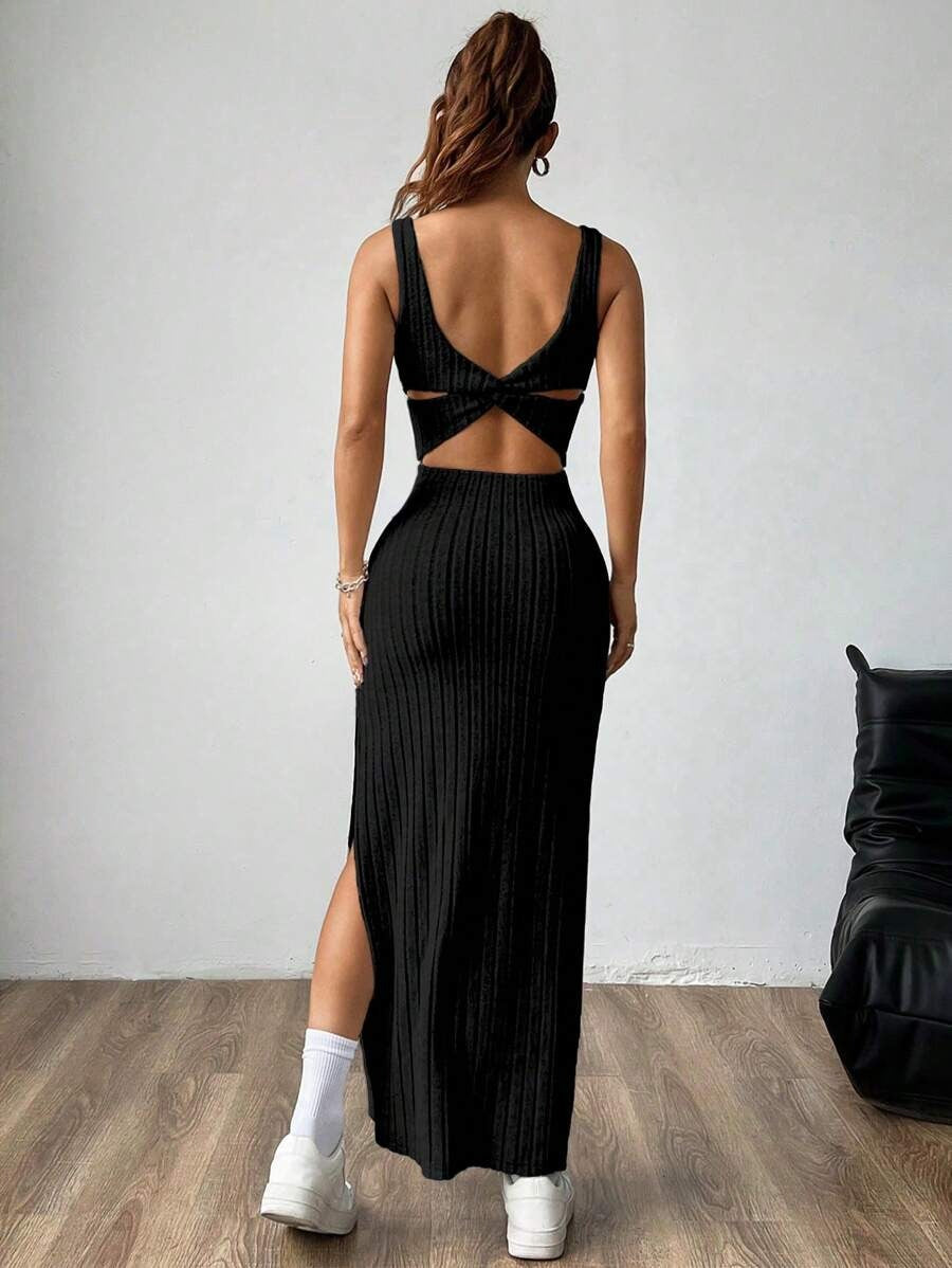 Casual Maxi Dress with Square Neckline and Split