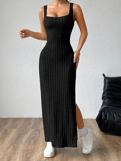 Casual Maxi Dress with Square Neckline and Split