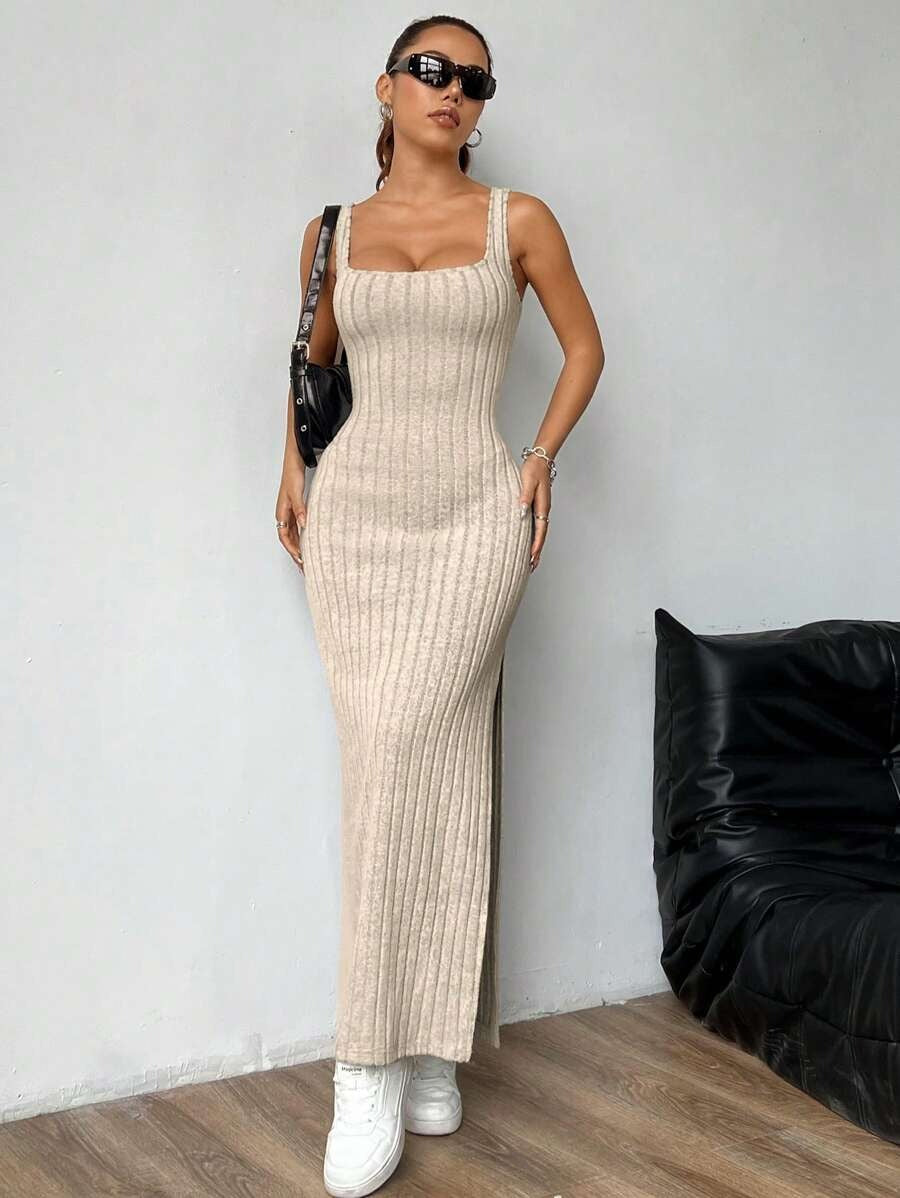 Casual Maxi Dress with Square Neckline and Split