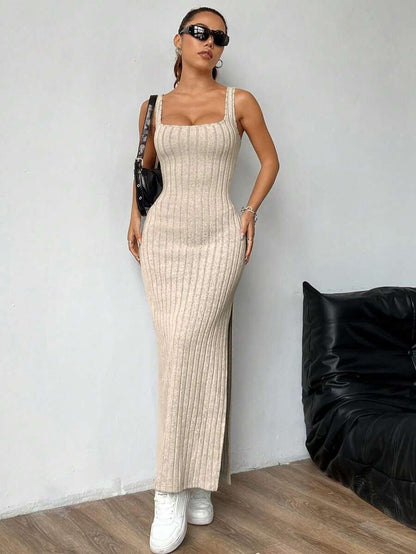 Casual Maxi Dress with Square Neckline and Split