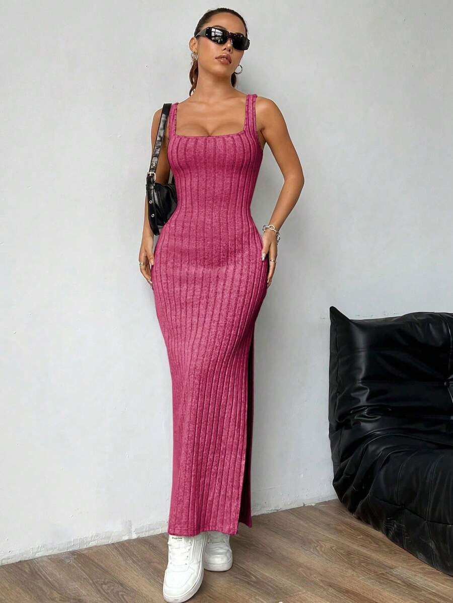 Casual Maxi Dress with Square Neckline and Split