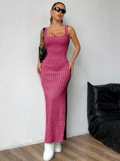 Casual Maxi Dress with Square Neckline and Split