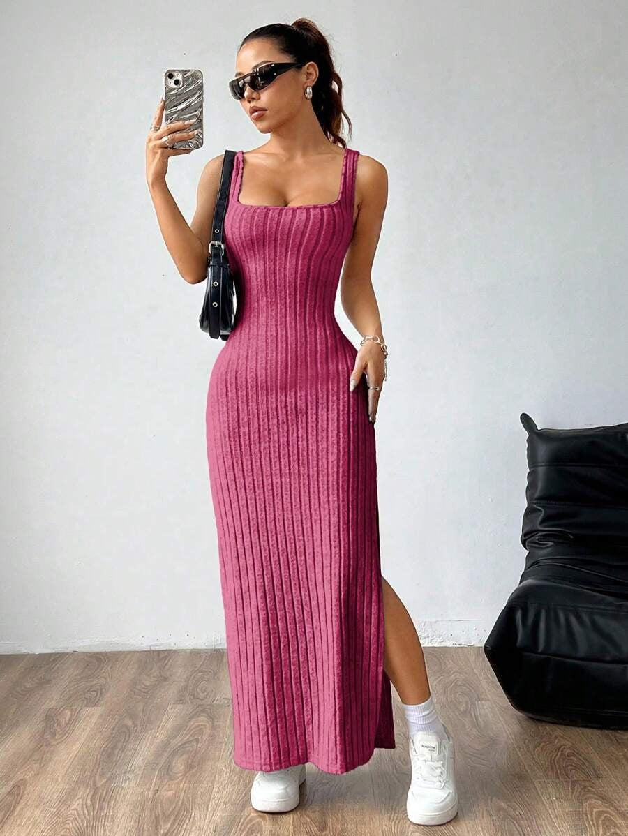 Casual Maxi Dress with Square Neckline and Split