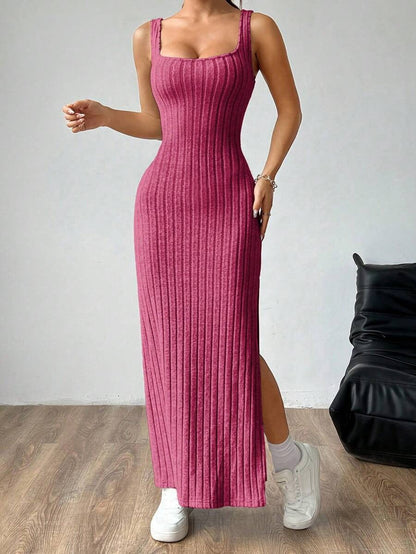 Casual Maxi Dress with Square Neckline and Split