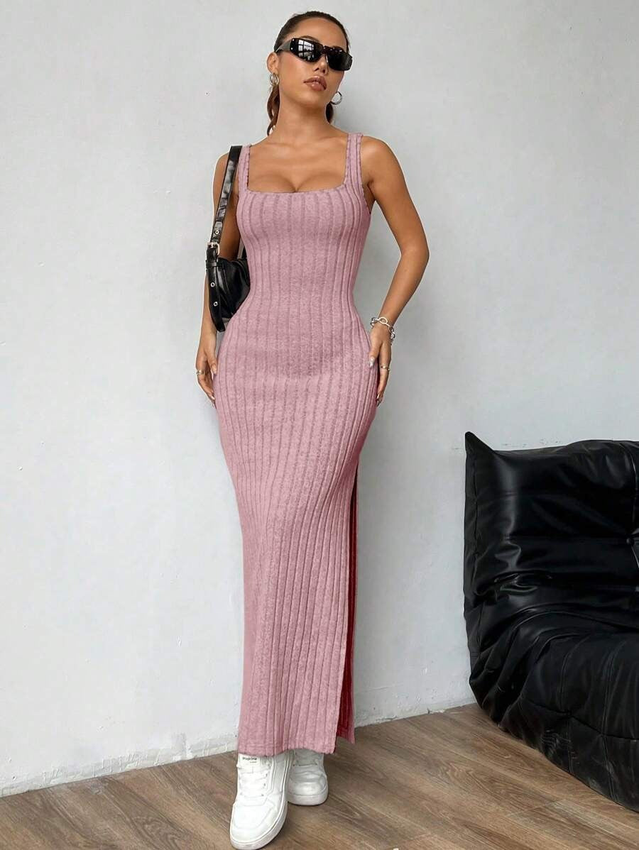 Casual Maxi Dress with Square Neckline and Split