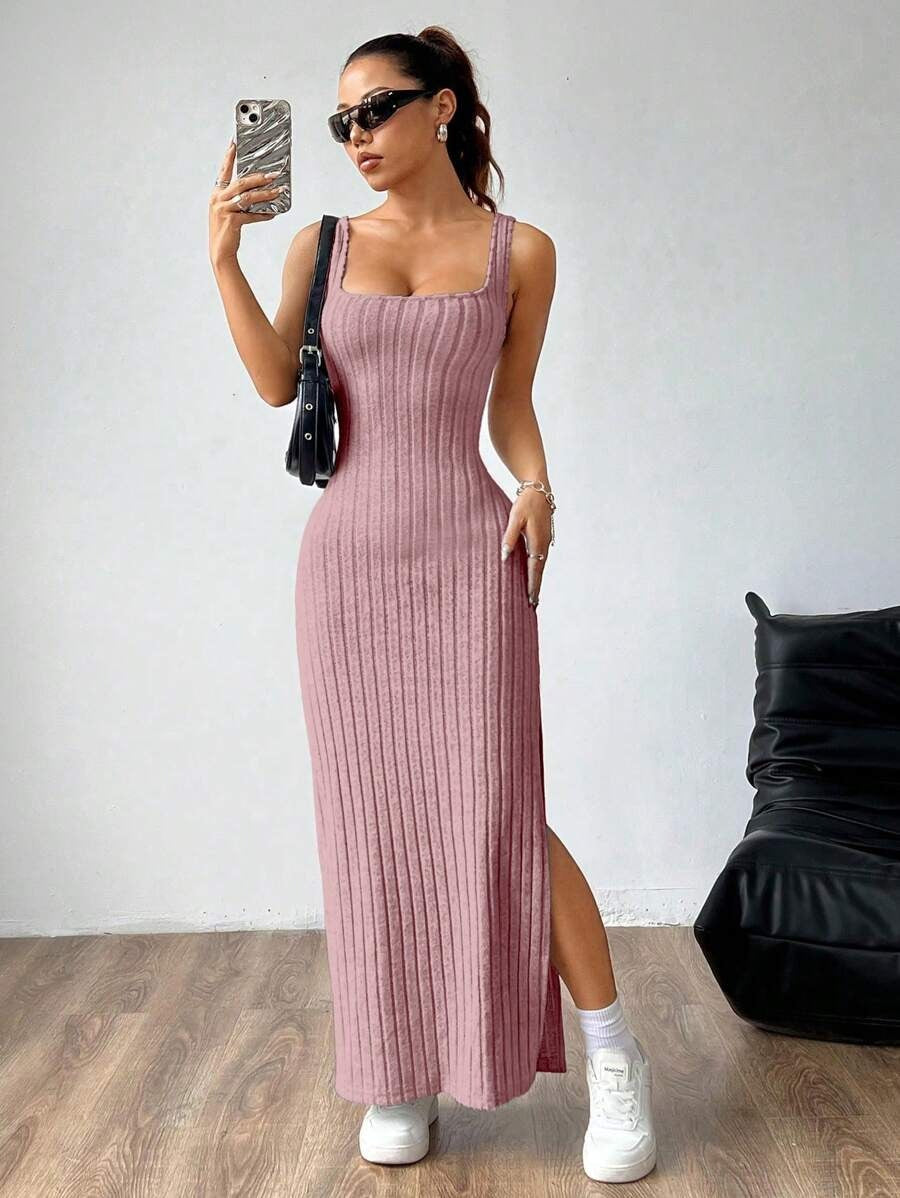 Casual Maxi Dress with Square Neckline and Split
