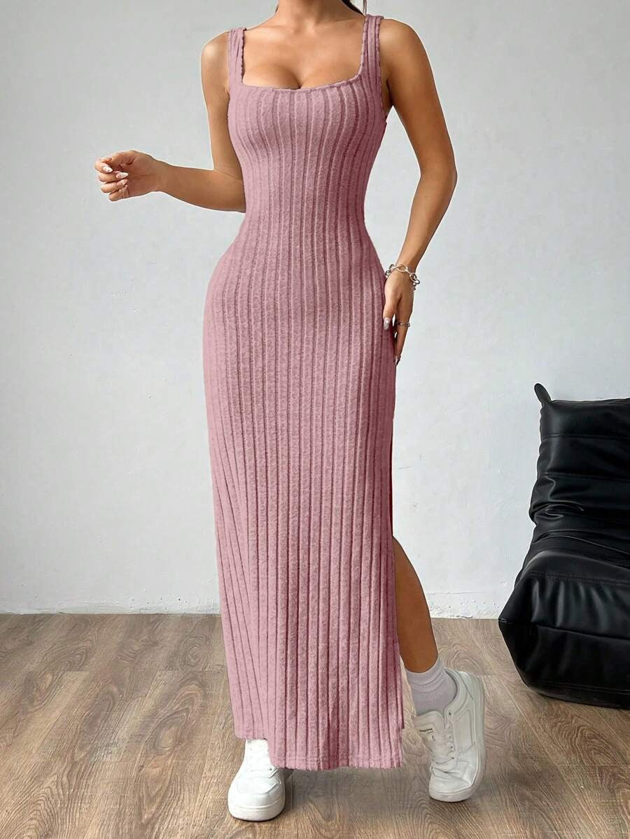 Casual Maxi Dress with Square Neckline and Split