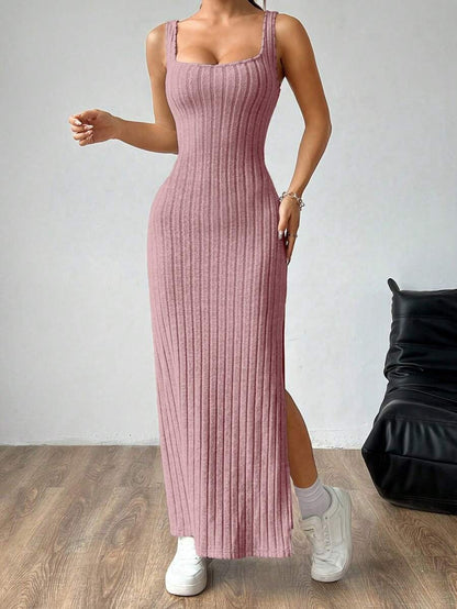 Casual Maxi Dress with Square Neckline and Split