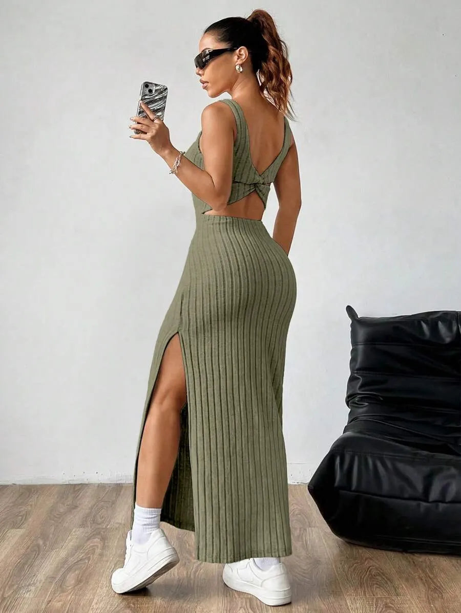 Casual Maxi Dress with Square Neckline and Split