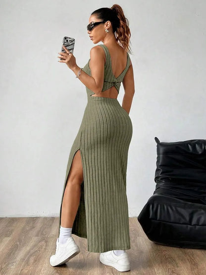 Casual Maxi Dress with Square Neckline and Split