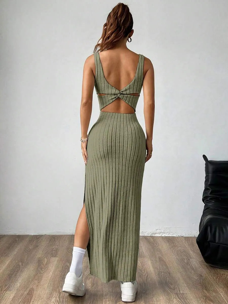 Casual Maxi Dress with Square Neckline and Split