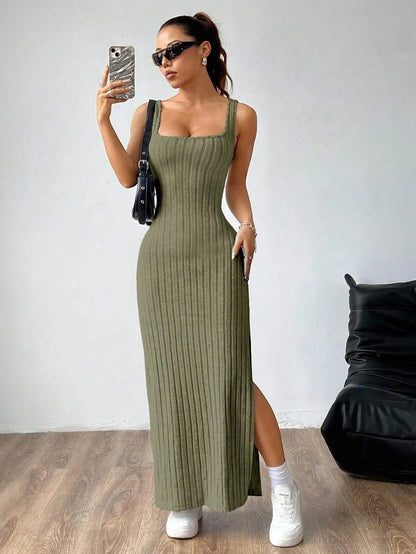 Casual Maxi Dress with Square Neckline and Split