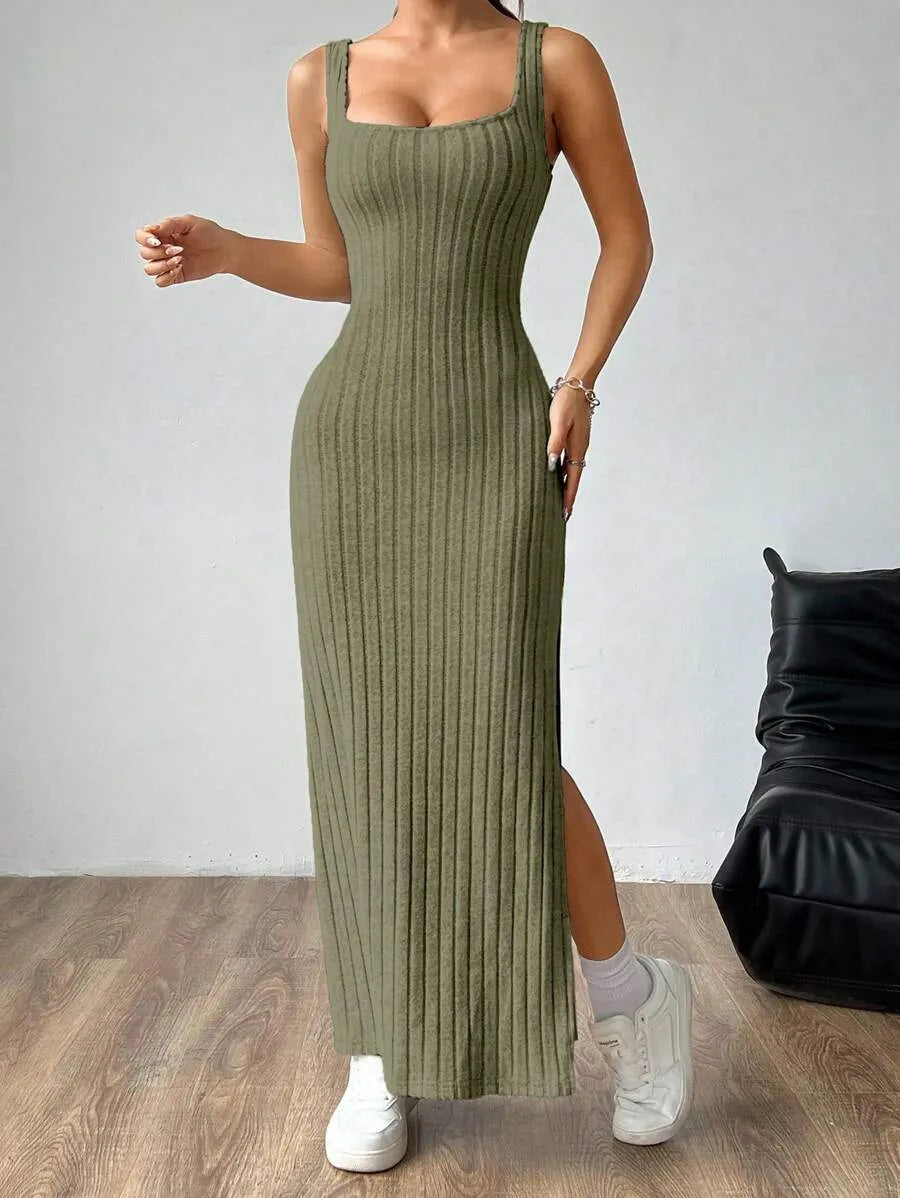 Casual Maxi Dress with Square Neckline and Split