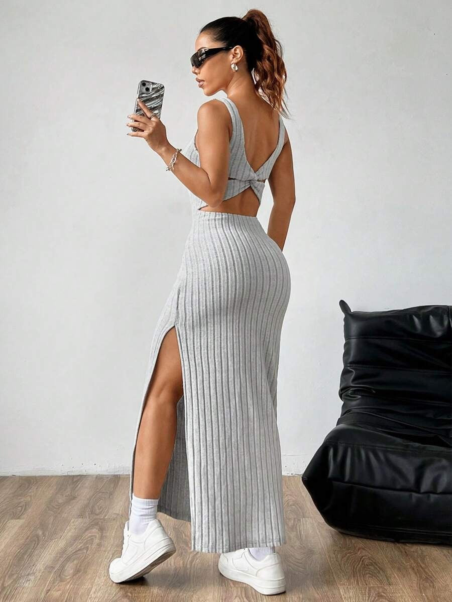 Casual Maxi Dress with Square Neckline and Split