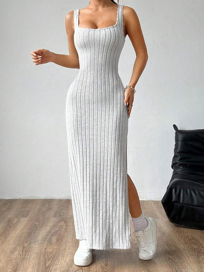 Casual Maxi Dress with Square Neckline and Split