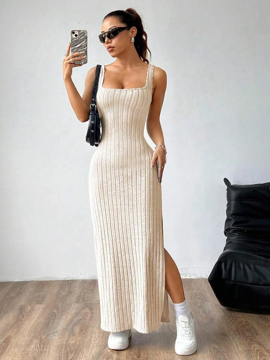 Casual Maxi Dress with Square Neckline and Split