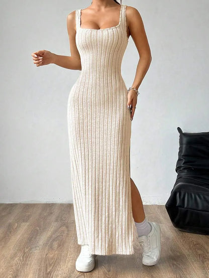 Casual Maxi Dress with Square Neckline and Split