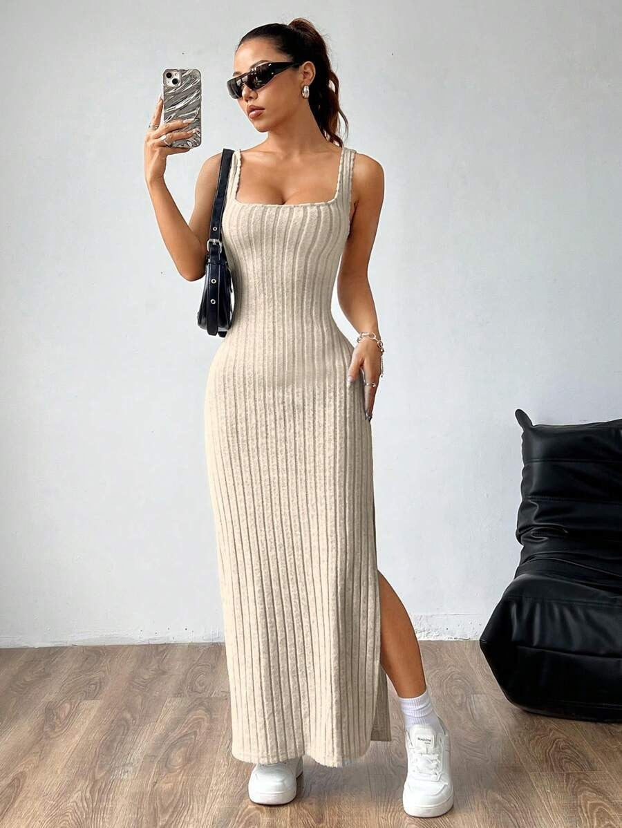 Casual Maxi Dress with Square Neckline and Split