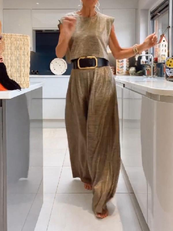 Casual Shiny Women's Vest and Wide Pants Set - Amy