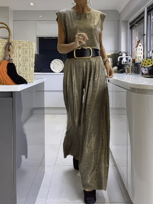 Casual Shiny Women's Vest and Wide Pants Set - Amy