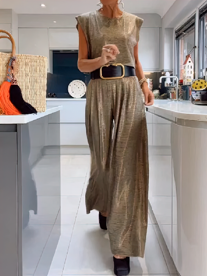 Casual Shiny Women's Vest and Wide Pants Set - Amy
