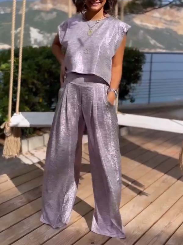 Casual Shiny Women's Vest and Wide Pants Set - Amy
