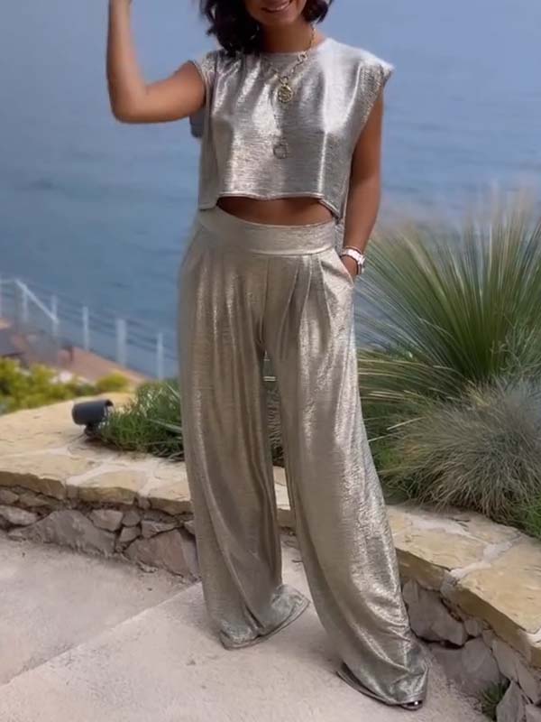 Casual Shiny Women's Vest and Wide Pants Set - Amy