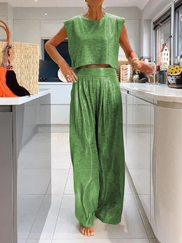 Casual Shiny Women's Vest and Wide Pants Set - Amy