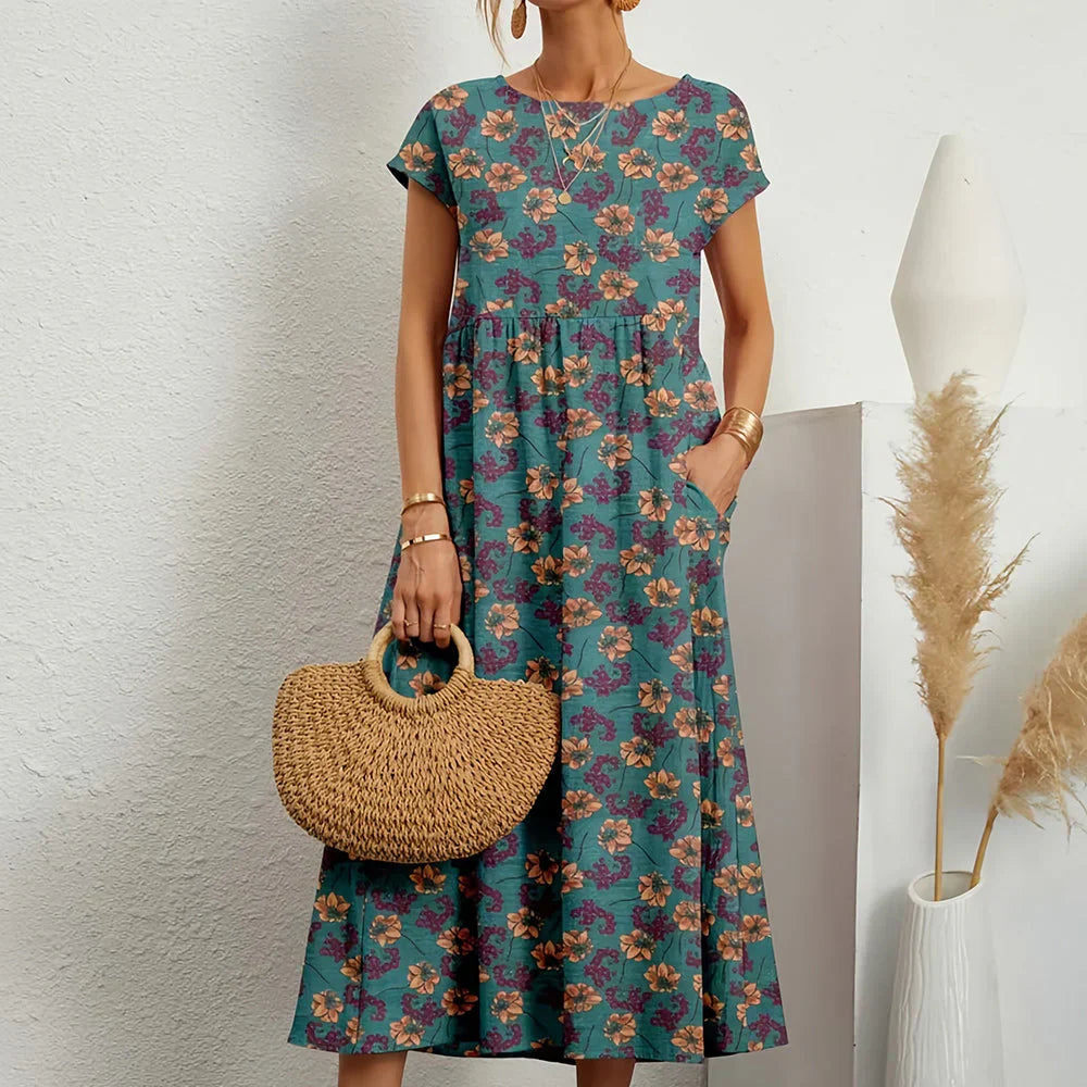 Casual cotton-linen blend midi dress for women