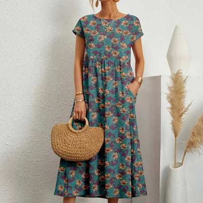 Casual cotton-linen blend midi dress for women