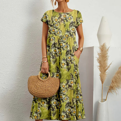 Casual cotton-linen blend midi dress for women