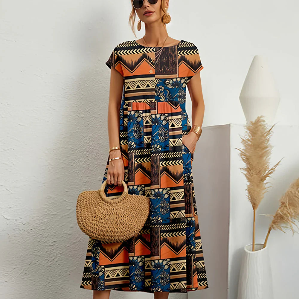 Casual cotton-linen blend midi dress for women