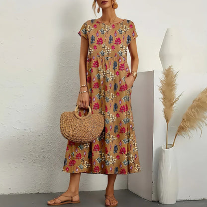 Casual cotton-linen blend midi dress for women