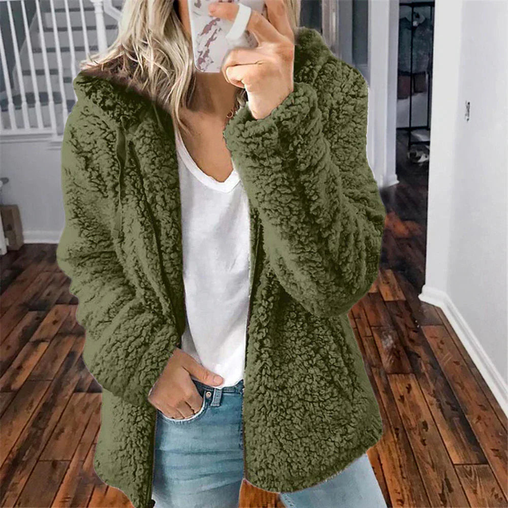 Casual fluffy women's jacket with hood - Mimi