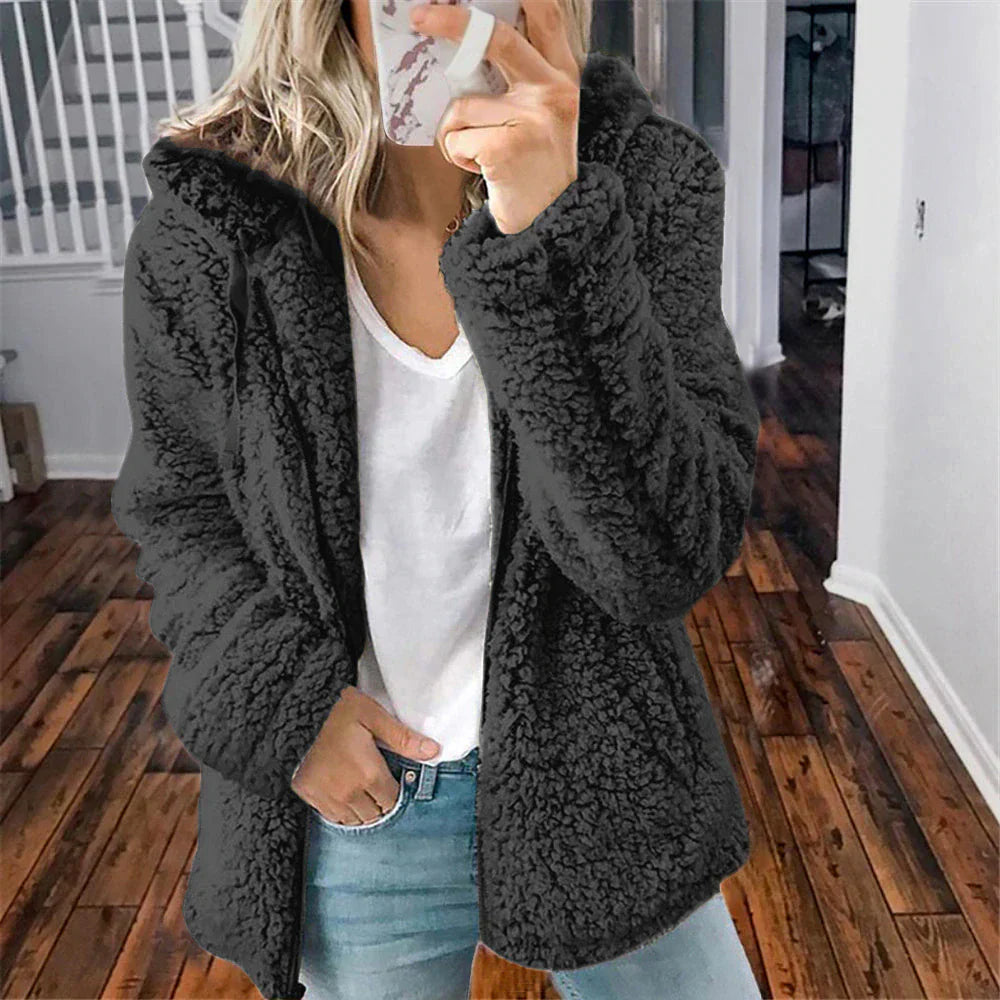 Casual fluffy women's jacket with hood - Mimi